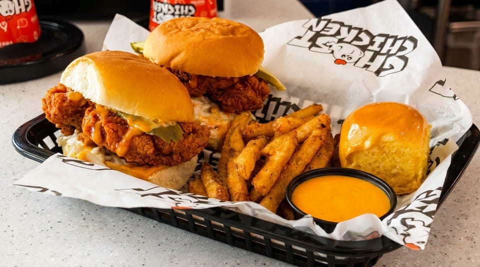 Two Ghost Chicken sandwiches with fries, a side of sauce, and a honey butter roll in a basket.