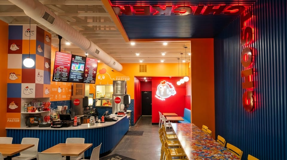 Vibrant interior of a fast-casual restaurant with orange, blue, and red walls, and a service counter.
