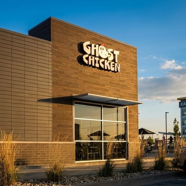 Exterior of Ghost Chicken restaurant with a large window, outdoor seating, and a silver car parked nearby.