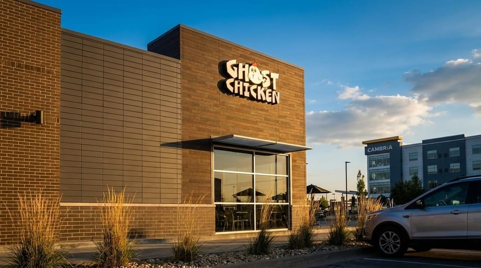 Exterior of Ghost Chicken restaurant with a large window, outdoor seating, and a silver car parked nearby.