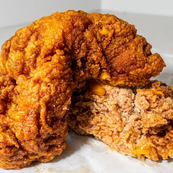 Two pieces of crispy fried chicken, one cut open to show the juicy interior, on branded paper.
