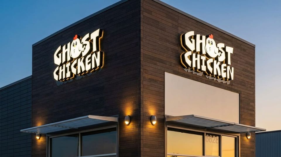 Exterior of Ghost Chicken restaurant with illuminated signs on dark wood paneling at dusk.