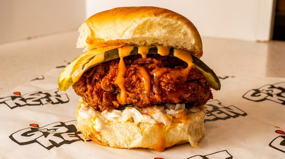 Crispy fried chicken sandwich with pickles, coleslaw, and orange sauce on a bun.