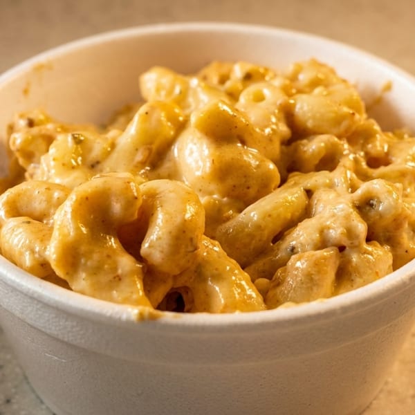 Creamy mac and cheese in a white styrofoam cup, with a warm, inviting glow.