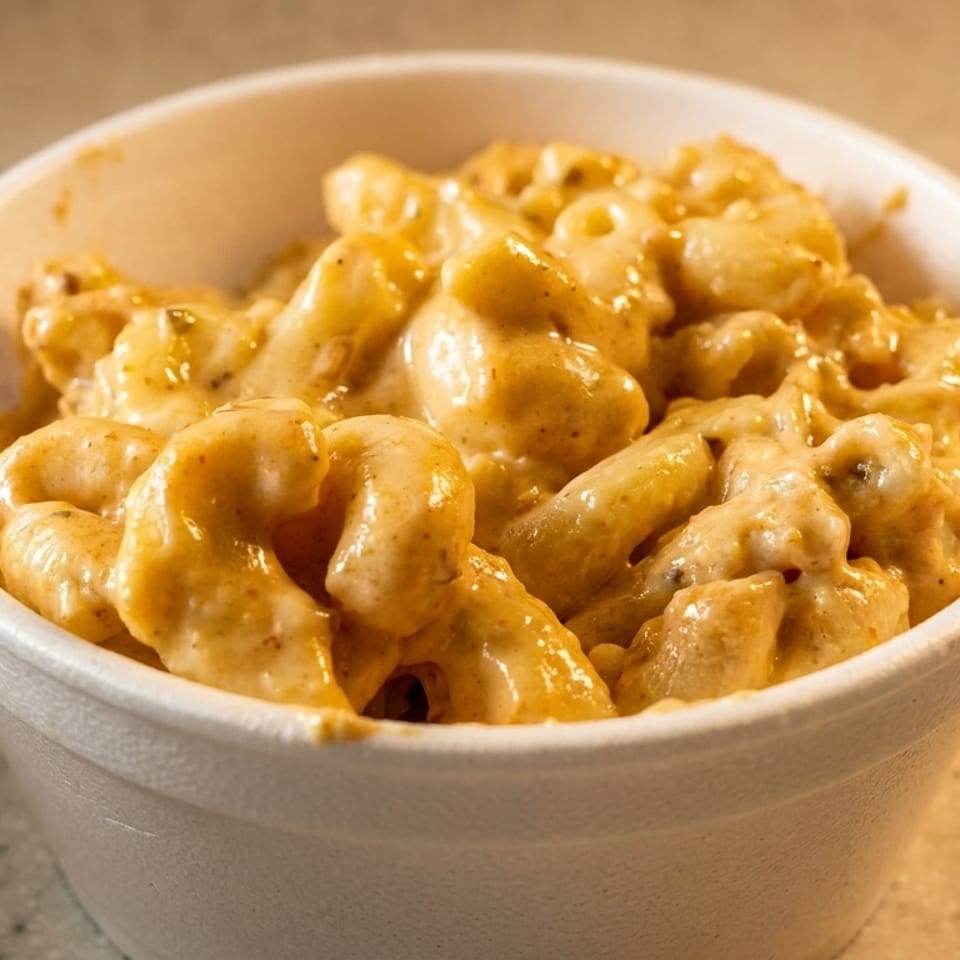 Creamy mac and cheese in a white styrofoam cup, with a warm, inviting glow.