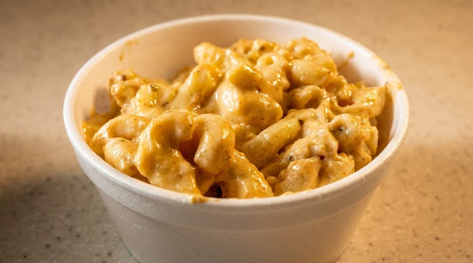 Creamy mac and cheese in a white styrofoam cup, with a warm, inviting glow.